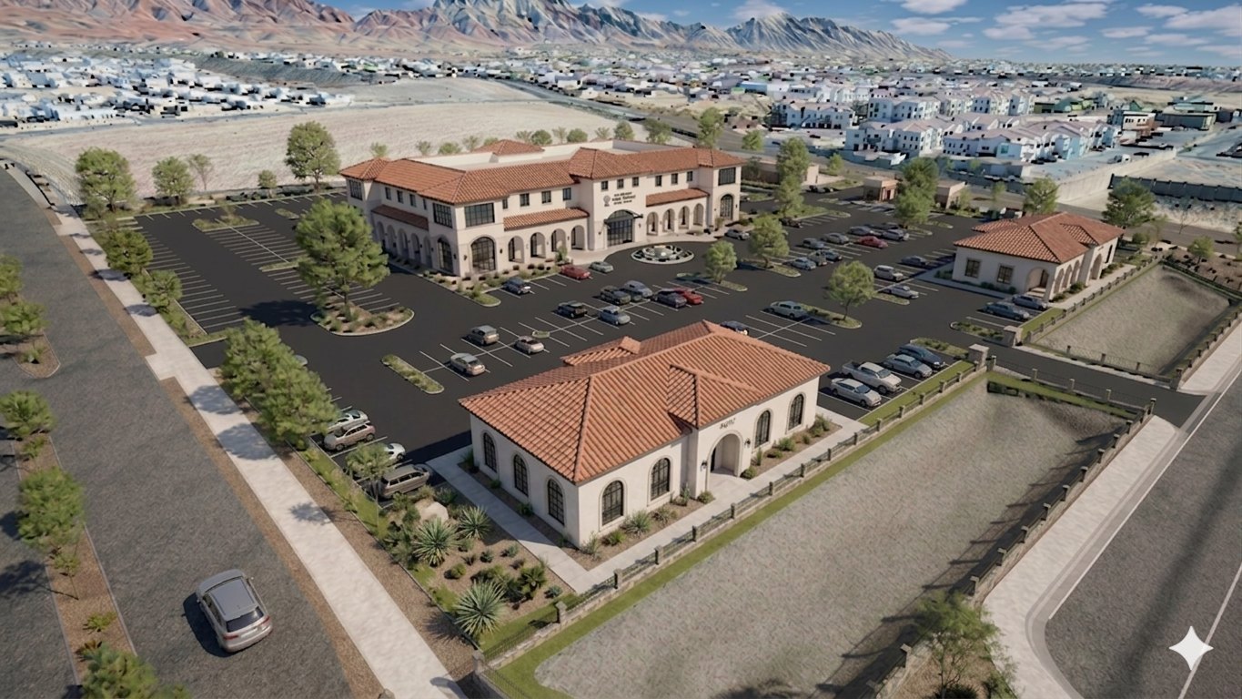 Proposed aerial rendering of the Jardines at Cimarron campus with the Franklin Mountains and surrounding neighborhood