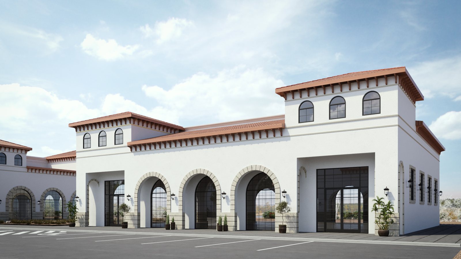 Angled view of storefronts
